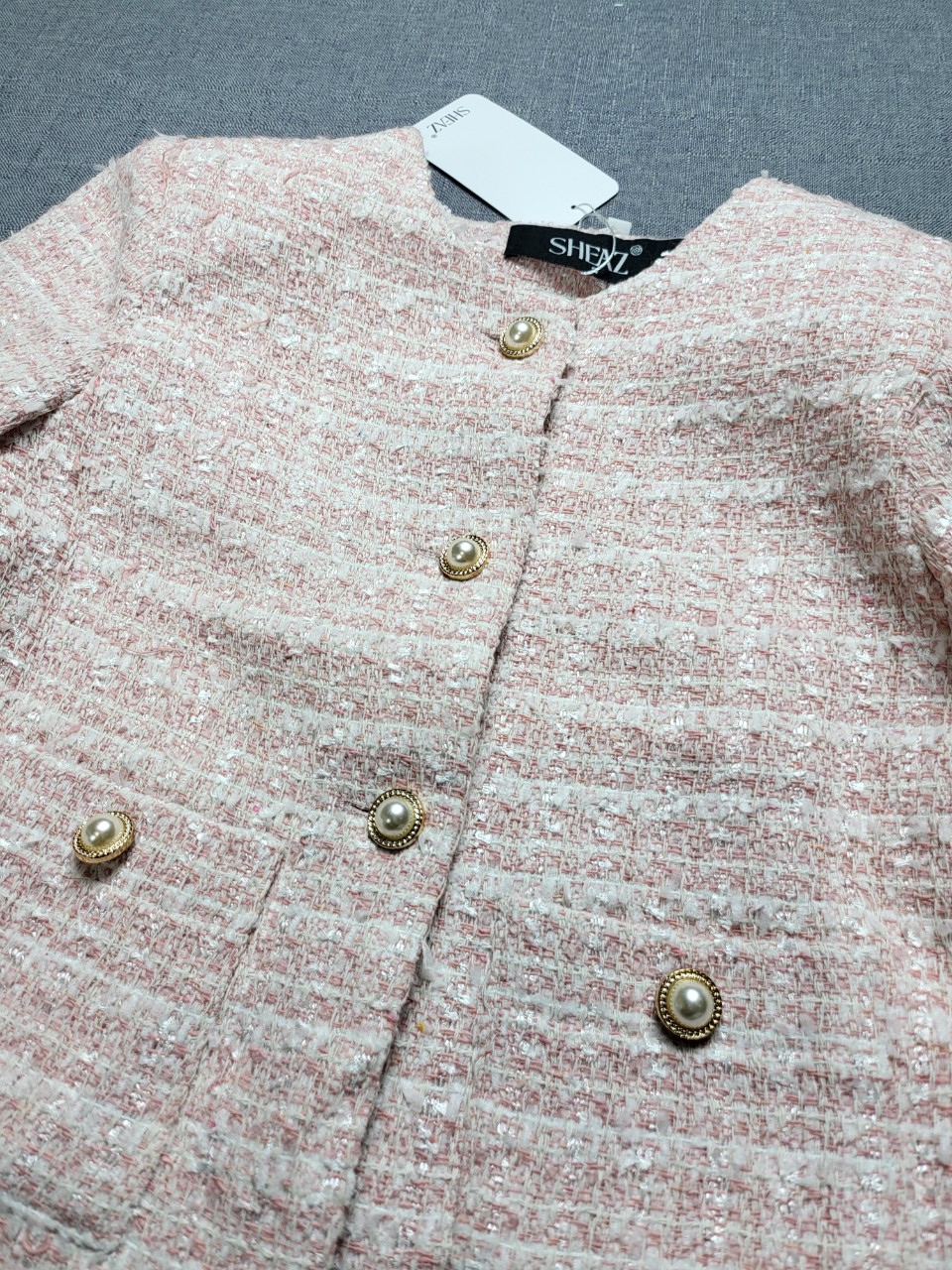 SHEAZ Áo Khoác Dạ Tweed Dáng Lửng Màu Hồng Phấn Thu Đông Kiểu Hàn Quốc Cúc Trai