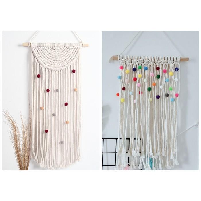 Macrame phong cách boho gắn quả bông pompom mềm mịn