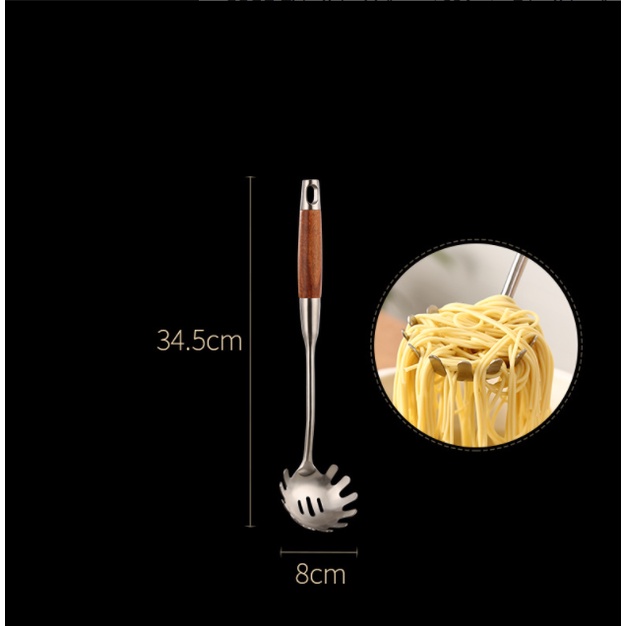 Vợt răng cưa vớt mì bún phở cán gỗ inox 304 kích thước 34.5x8cm 180g