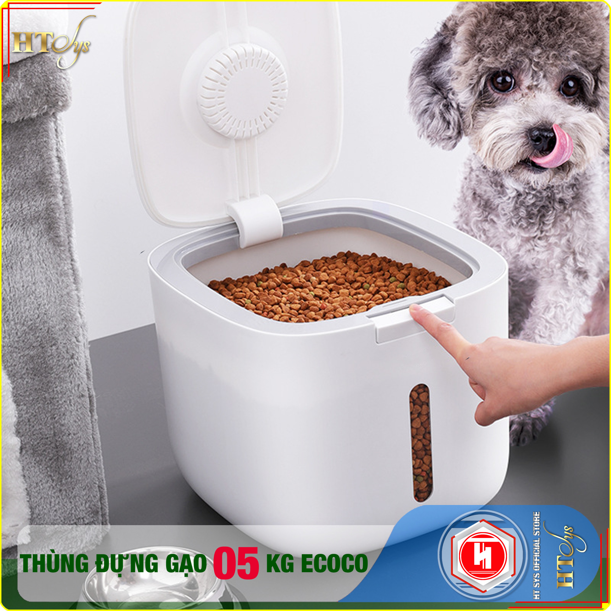 Thùng đựng gạo thông minh 5KG-HT SYS - ECOCO-E2029-Thiết kế dạng nhấn nút-Chống kiến, chống ẩm, chống mọt-Chất liệu ABS cao cấp + 01 Sét móc vàng tài lộc + 04 Khăn Lau [ Hàng Nhập Khẩu ]