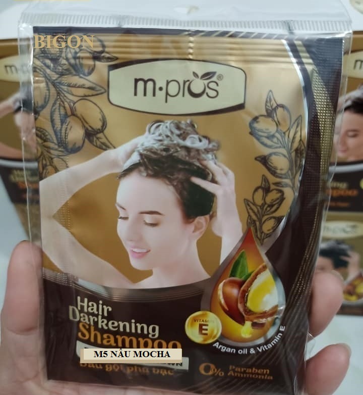 [Nâu Mocha] Dầu Gội Nhuộm Tóc Nâu Phủ Bạc 100% Thảo Dược Siêu Dưỡng M.PROS 25ml - M5