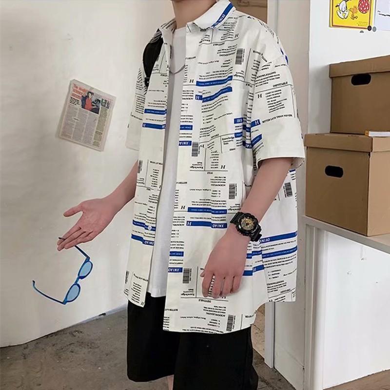 Áo sơ mi rộng thoải mái tay ngắn in chữ tiếng Anh thời trang mùa hè dành cho nam