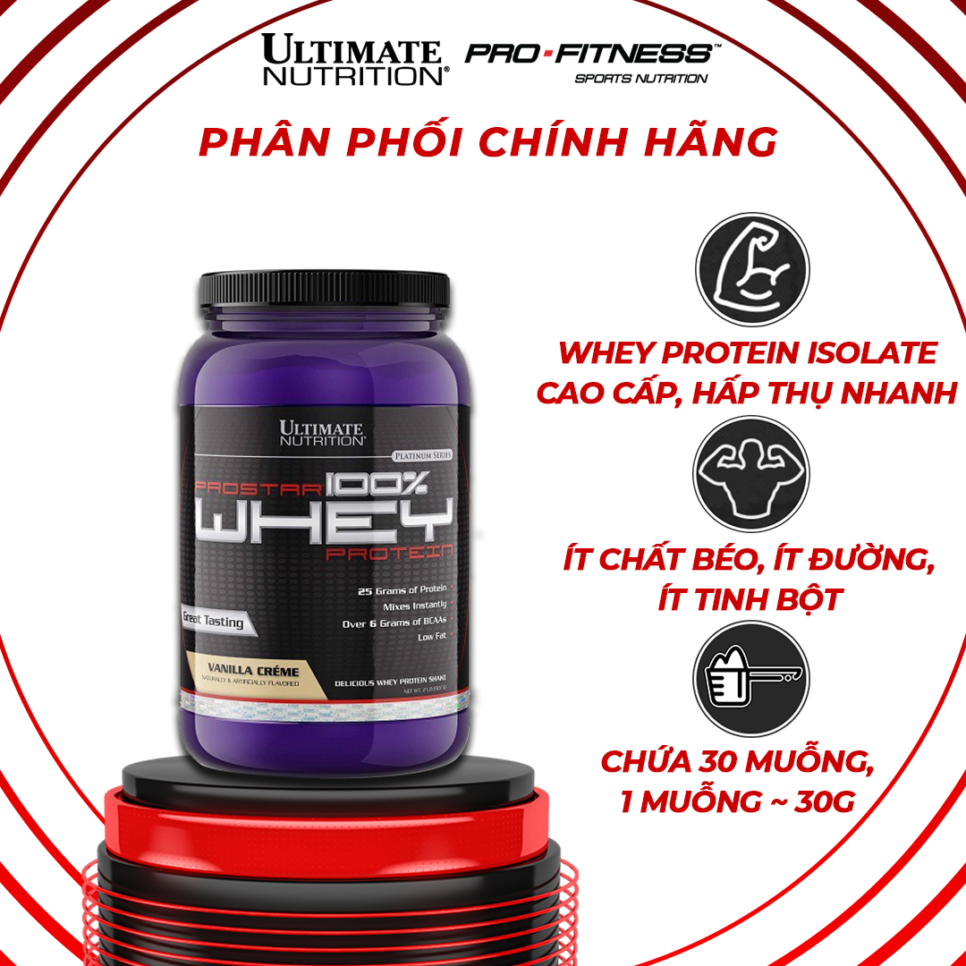Whey Protein Tăng Cơ Giảm Mỡ Prostar 100 Ultimate Nutrition - Whey Isolate Cao Cấp Hấp Thụ Protein Hũ 907G - Vị Vani