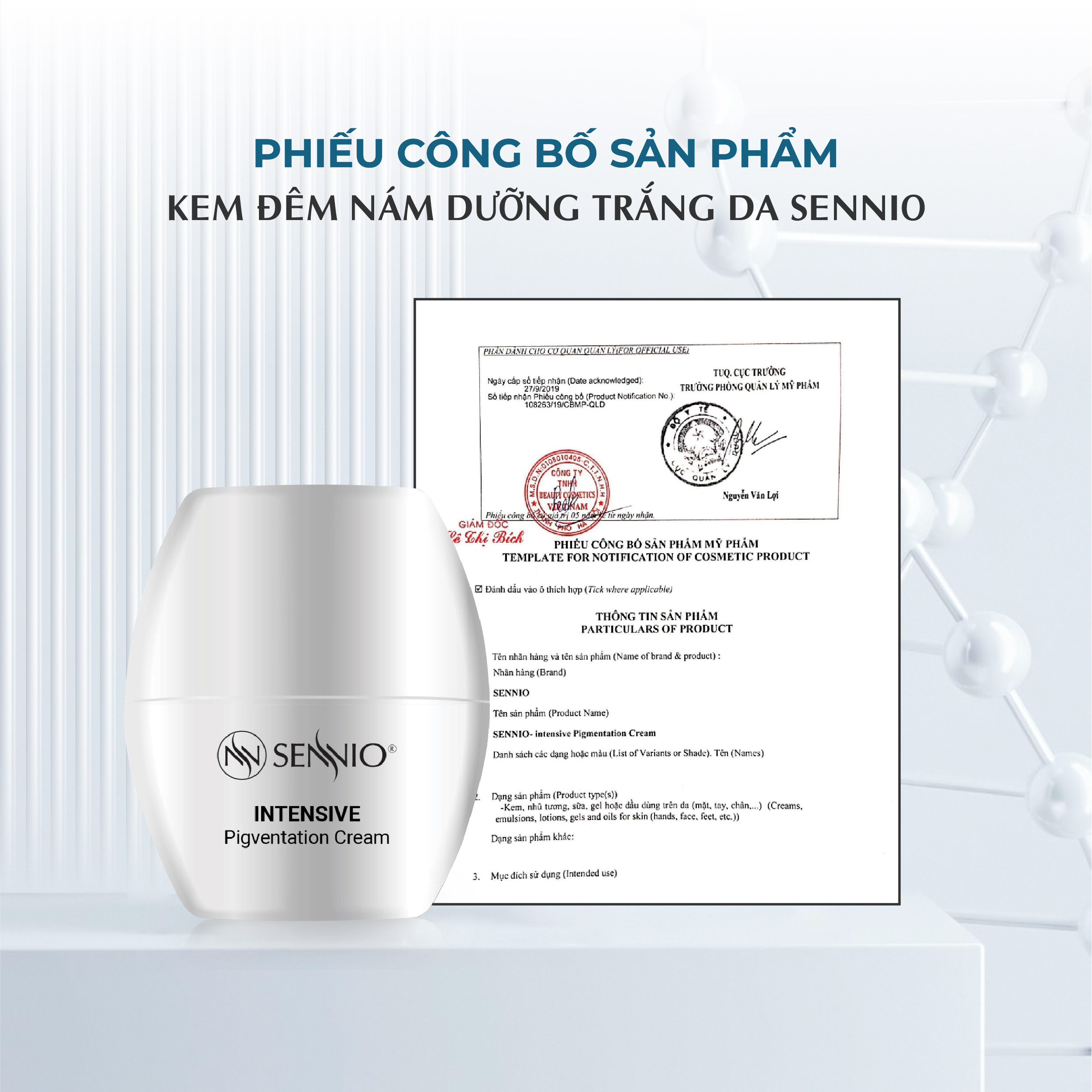 Kem dưỡng ẩm Sennio Intensive Pigmentation Cream dưỡng trắng da xoá mờ sạm nám chống lão hoá ban đêm 30ml SNO 810
