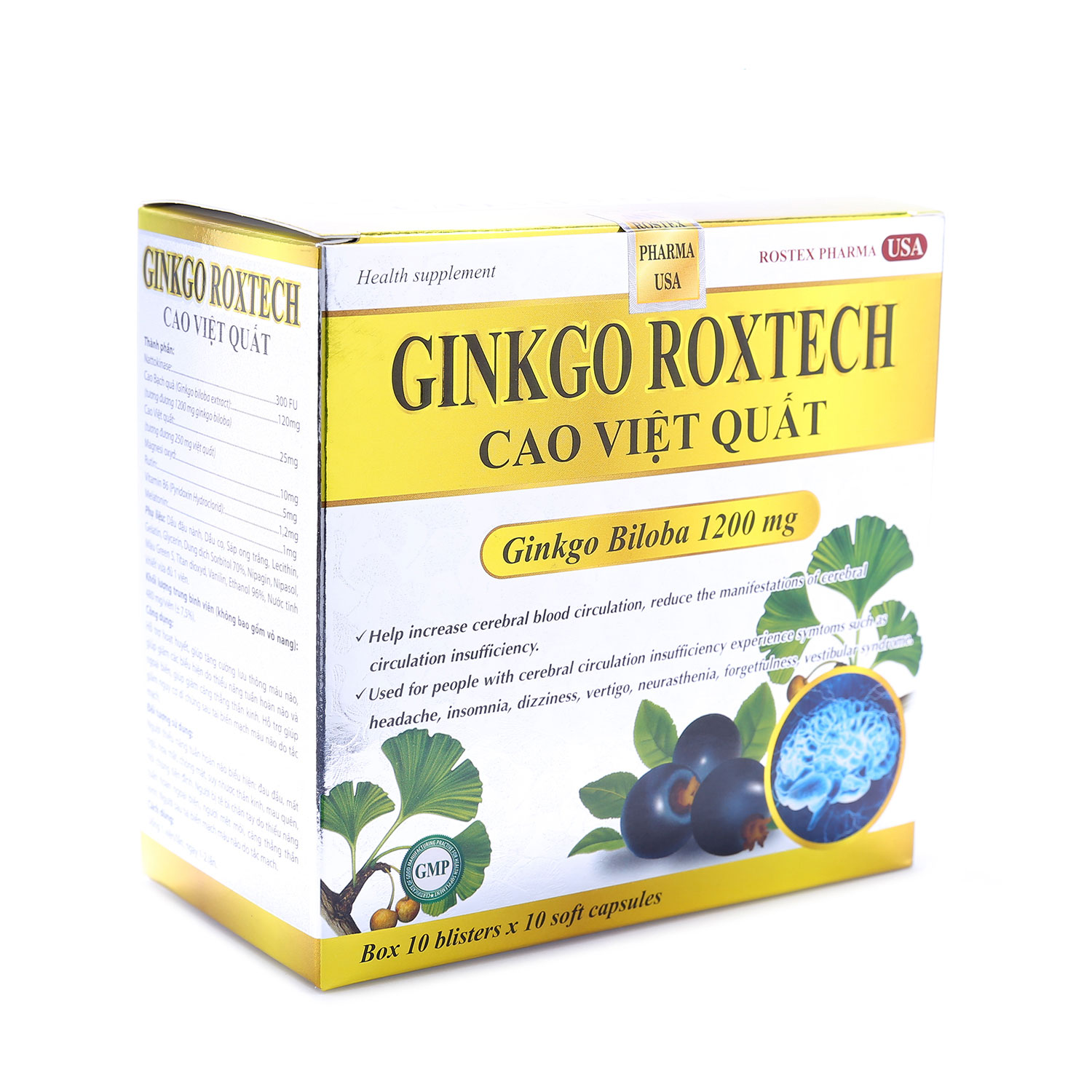 Hoạt huyết dưỡng não Ginkgo Roxtech 1200mg Cao Việt Quất giảm đau đầu, hoa mắt, chóng mặt - Hộp 100 viên