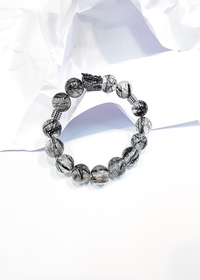 Vòng tay nữ mệnh Kim , Thủy đá thạch anh tóc 2A charm Hoa 3 cạnh