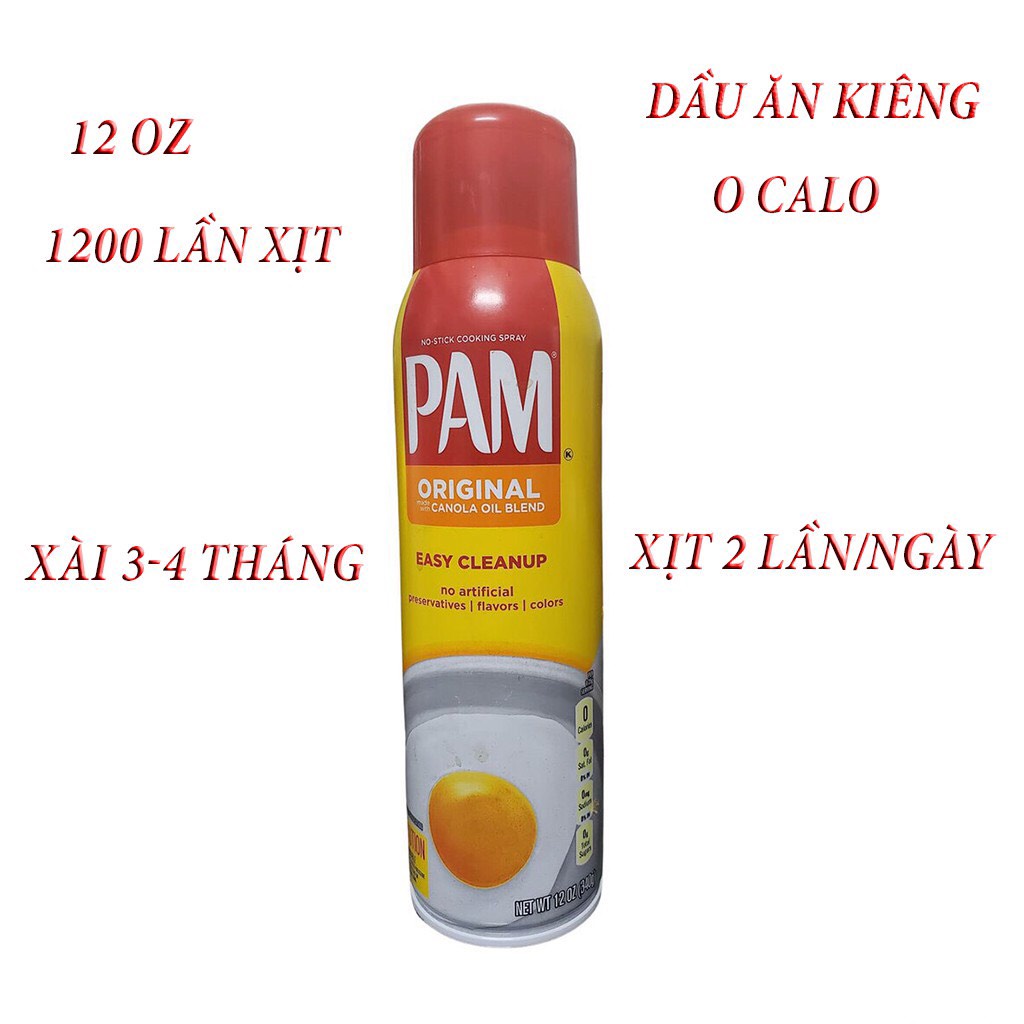 Dầu ăn kiêng dạng xịt Pam 0 calo chính hãng chiên xào ăn eatclean, giảm cân, keto, gymer340g