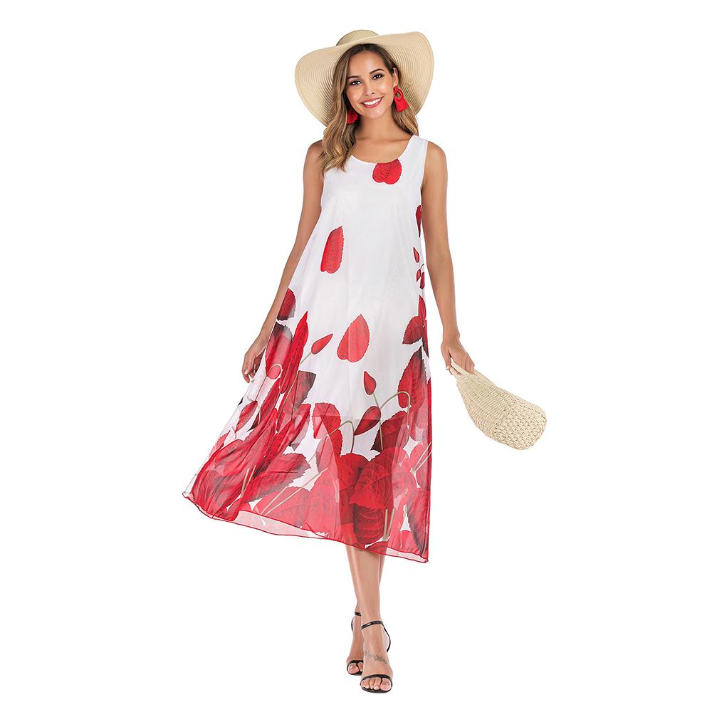 New Women Chiffon Dress O Neck Sleeveless Floral Print Summer Beach Holiday Long Loose Boho Sundress