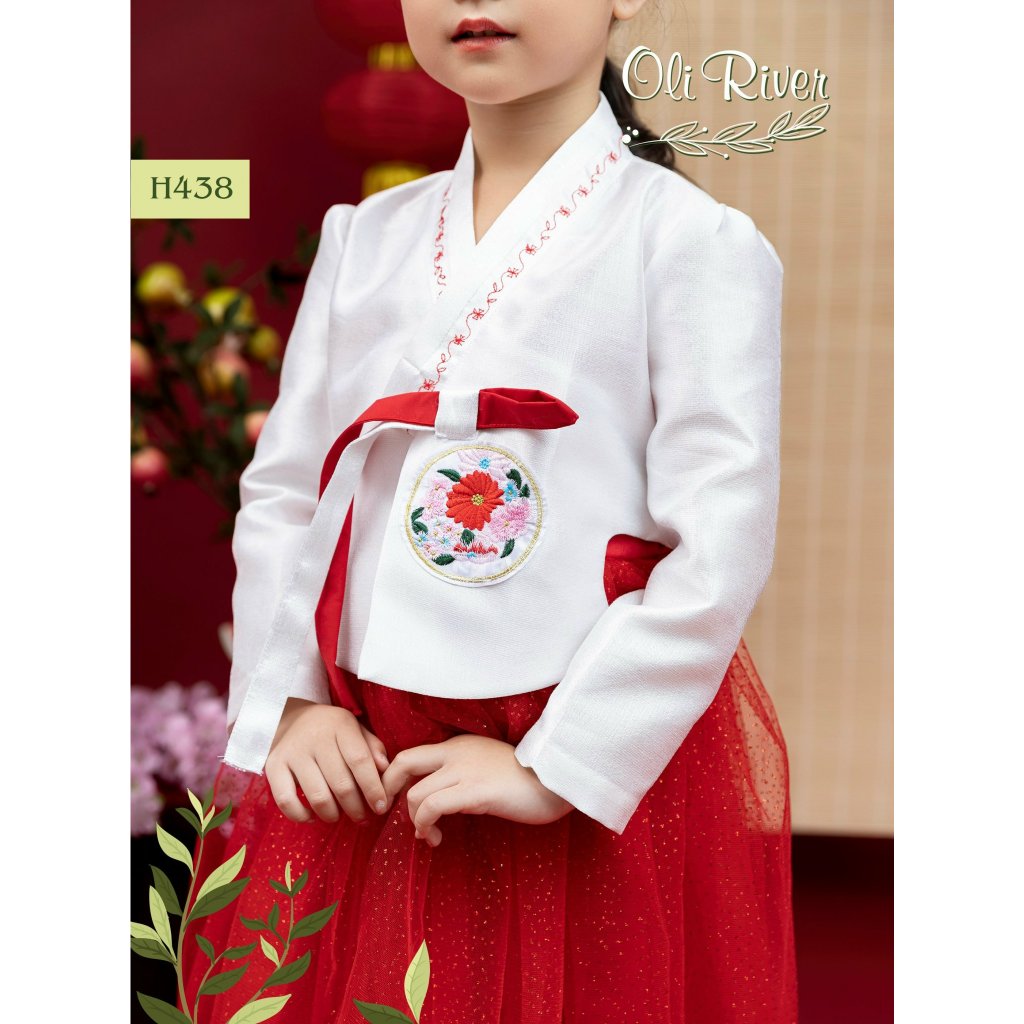 Đầm công chúa hanbok hoa cho bé gái màu đỏ diện tết đẹp size 12-40kg hàng Thiết kế