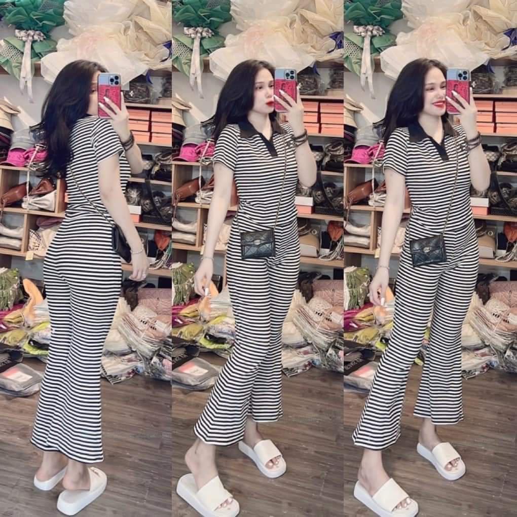 Sét Bộ Thun Sọc Áo Có Cổ Quần Dài Ồn Loe Cao Cấp Rẻ Đẹp