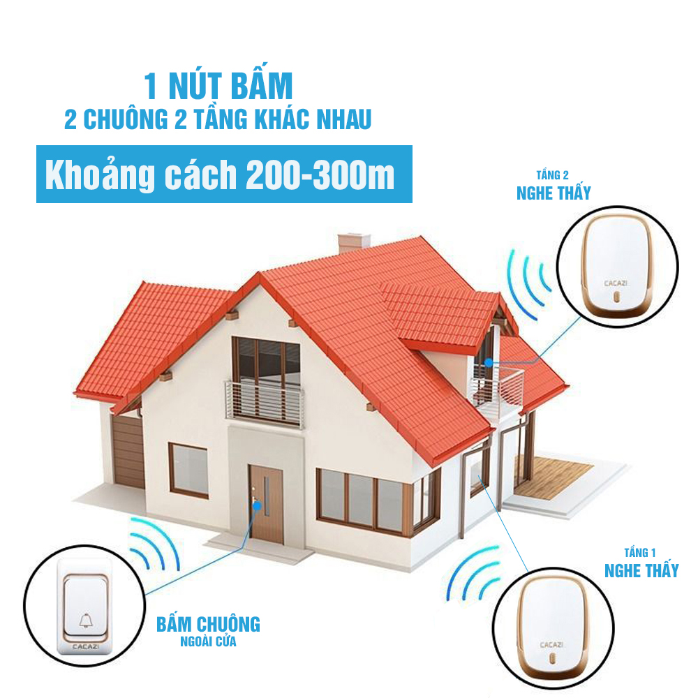 Chuông cửa không dây 1 nút bấm 2 chuông báo Cacazi-1N2C, thông minh cho nhà tầng, chống nước khoảng cách 200-300M, tặng Pin