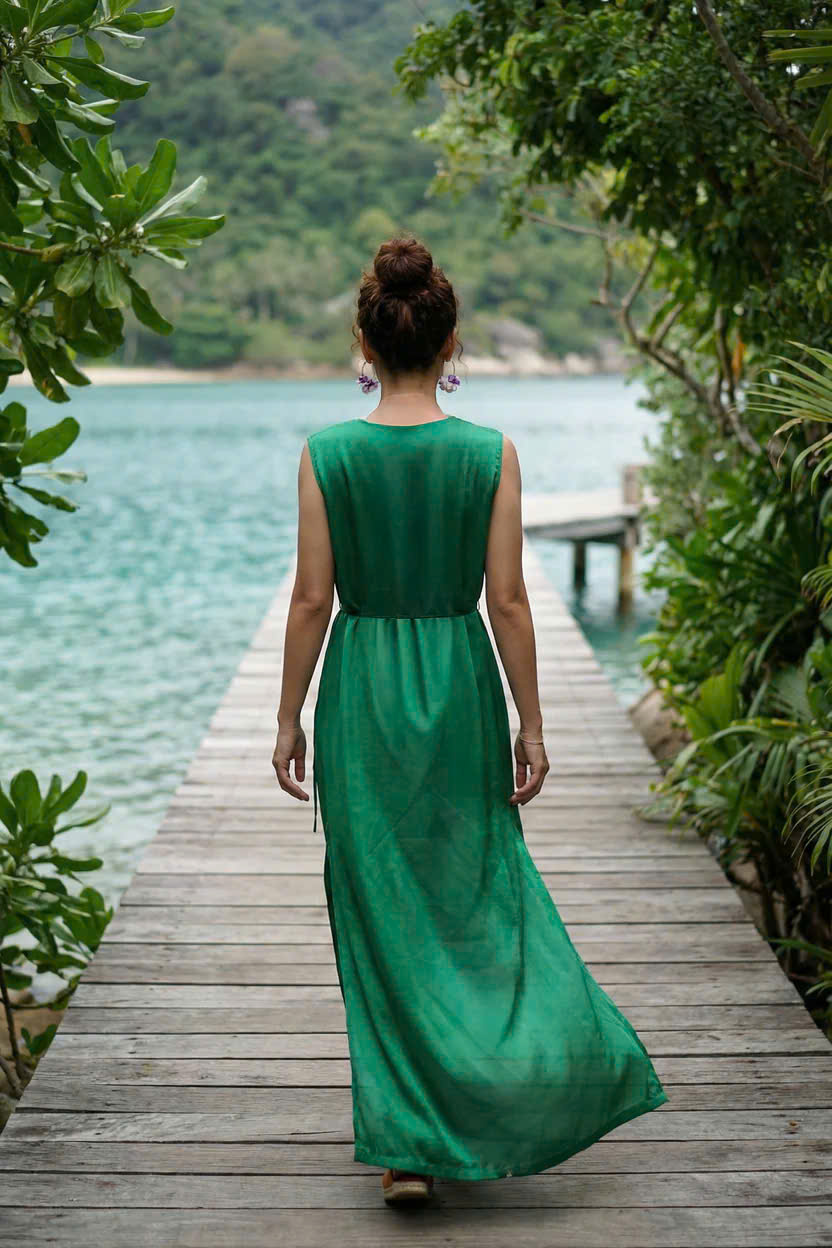 Đầm Maxi Lụa Tơ Tằm Thêu Tay Xanh Ngọc Phỉ Thuý DRE202 thời trang thiết kế Hity