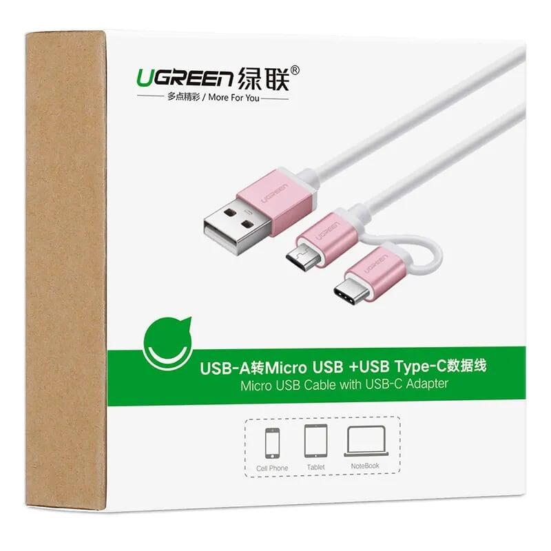 Ugreen UG30543US177TK 1M màu Hồng Cáp USB-A sang Micro USB + USB-C cao cấp - HÀNG CHÍNH HÃNG