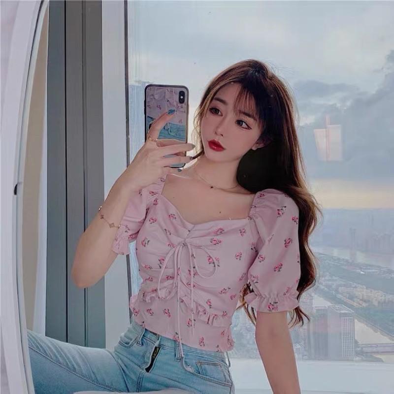 Áo croptop hoa tay bồng thắt nơ ngực 2021
