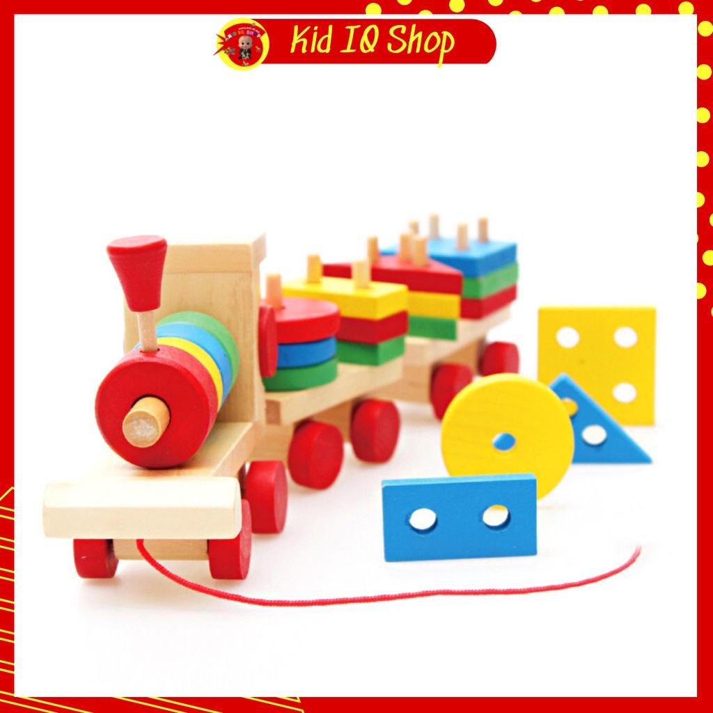 Đồ chơi đoàn tàu màu sắc thả cọc hình khối, xe lửa thả cọc hình trụ gỗ giáo dục sớm cho bé