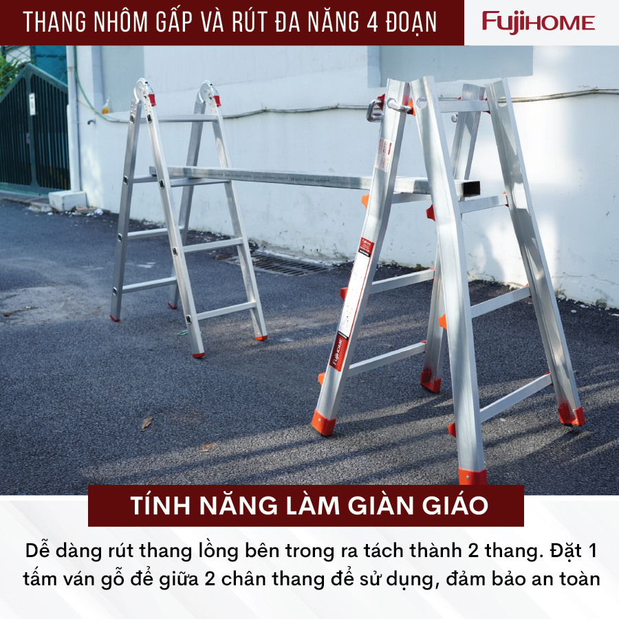 Thang nhôm FUJIHOME ML44 gấp và rút đa năng 4 đoạn, Cao tối đa 4m, Xếp nhiều hình dáng