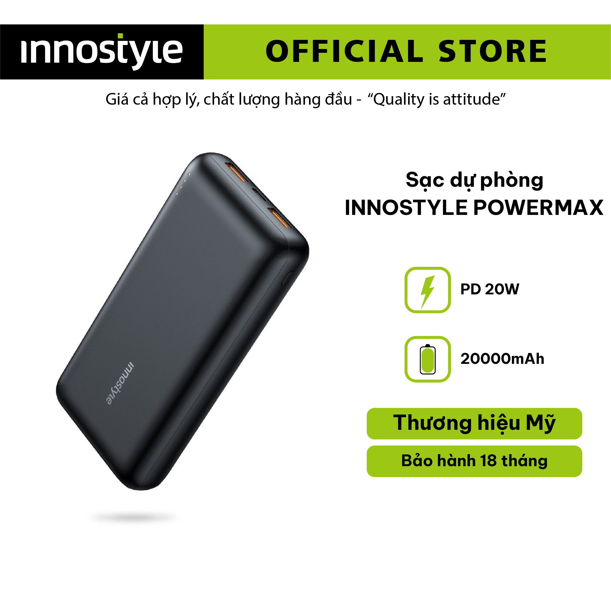 Sạc dự phòng Innostyle Powermax PD 20W 20000mAh 1C2A Output IP20KPDBLK - Thiết kế nhỏ gọn, dung lượng lớn, hàng chính hãng