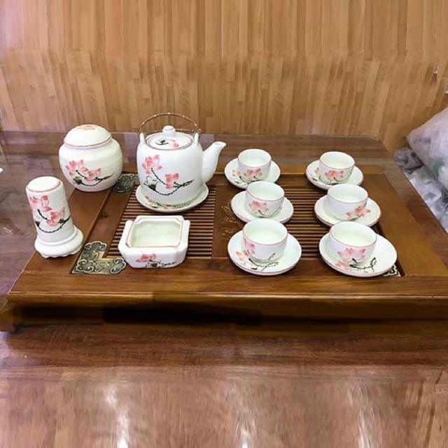 Bộ Ấm Chén Dáng Vại Quai Đồng Vẽ Sen Đỏ Men Khử  Đầy Đủ