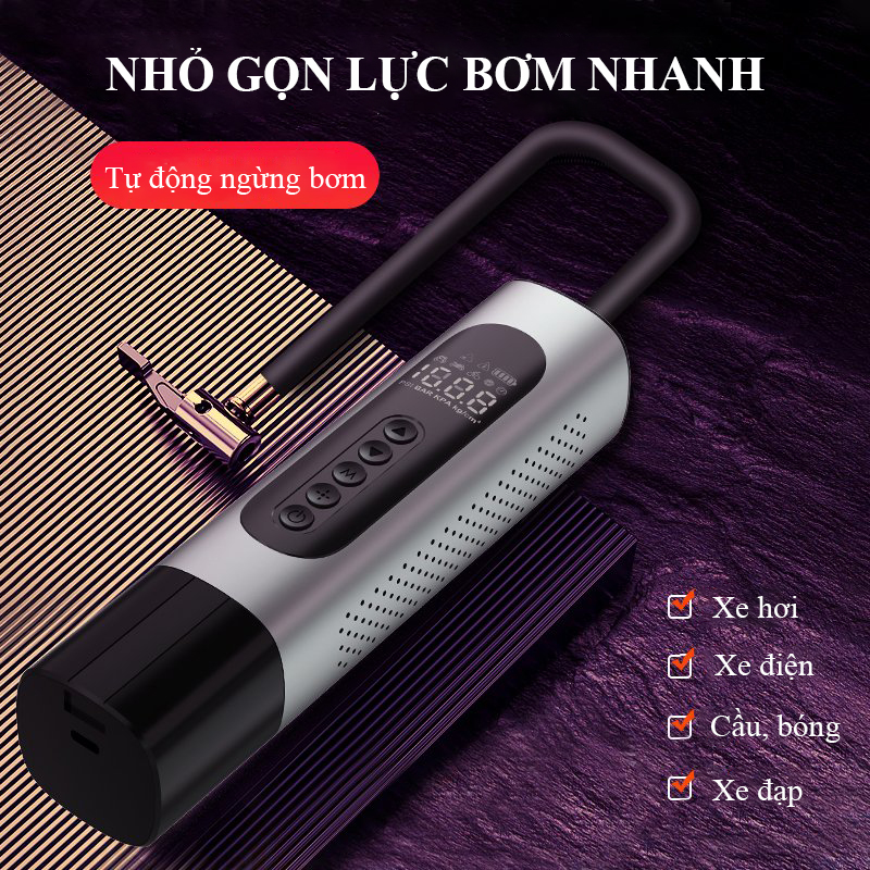 Máy Bơm Lốp Ô Tô Đa Năng Điện Tự Cầm Tay - Bơm Lốp Xe Ô Tô - Xe Máy - Xe Đạp - Cầu Bóng - Chế Độ Bơm Set Sẵn Và Tự Ngắt Khi Đầy