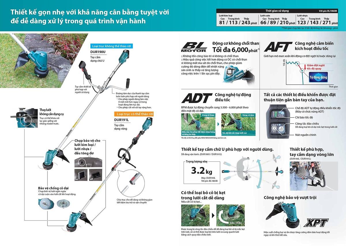 MÁY CẮT CỎ DÙNG PIN (230MM/255MM/300MM)(18V) MAKITA DUR190LZX1 (KHÔNG KÈM PIN VÀ SẠC) - HÀNG CHÍNH HÃNG