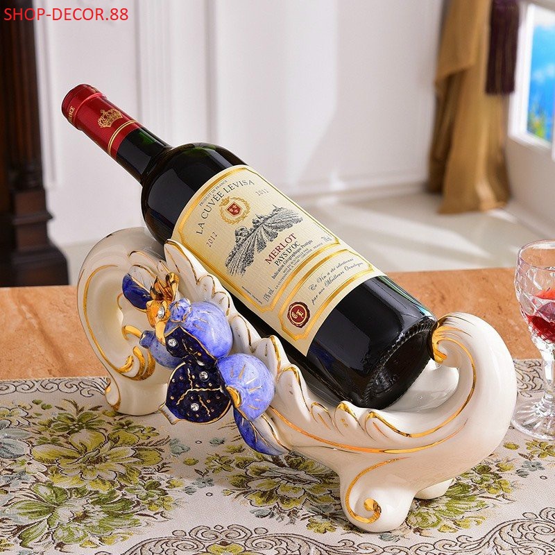 Kệ để chai vang gốm trắng cao cấp họa tiết cành lựu vẽ vàng 24k Decor trang trí nhà đẹp
