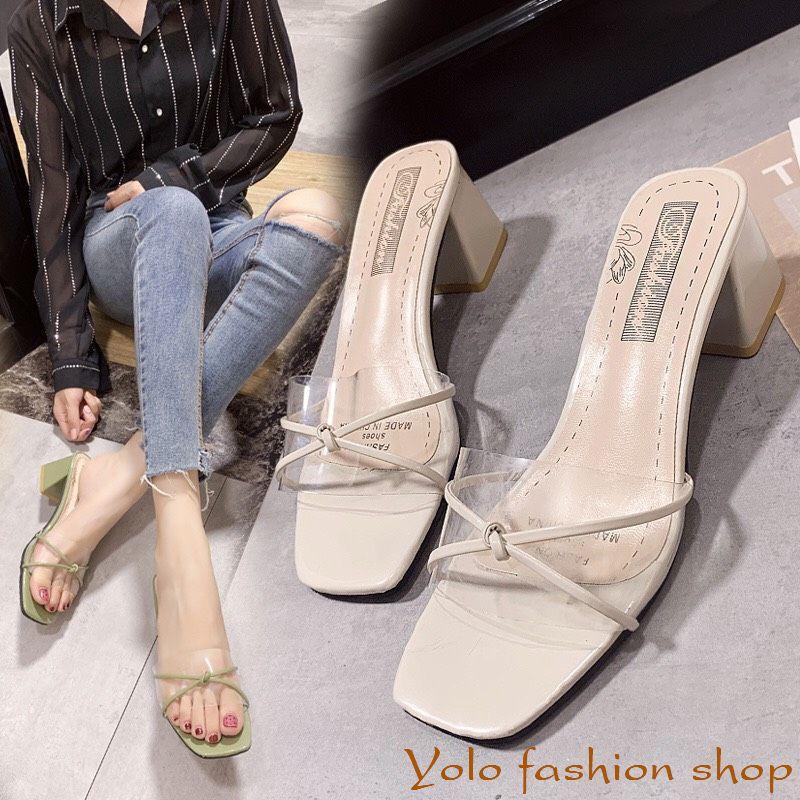 Dép guốc cao gót nữ phối mica 5cm gót vuông hàng cao cấp CC02