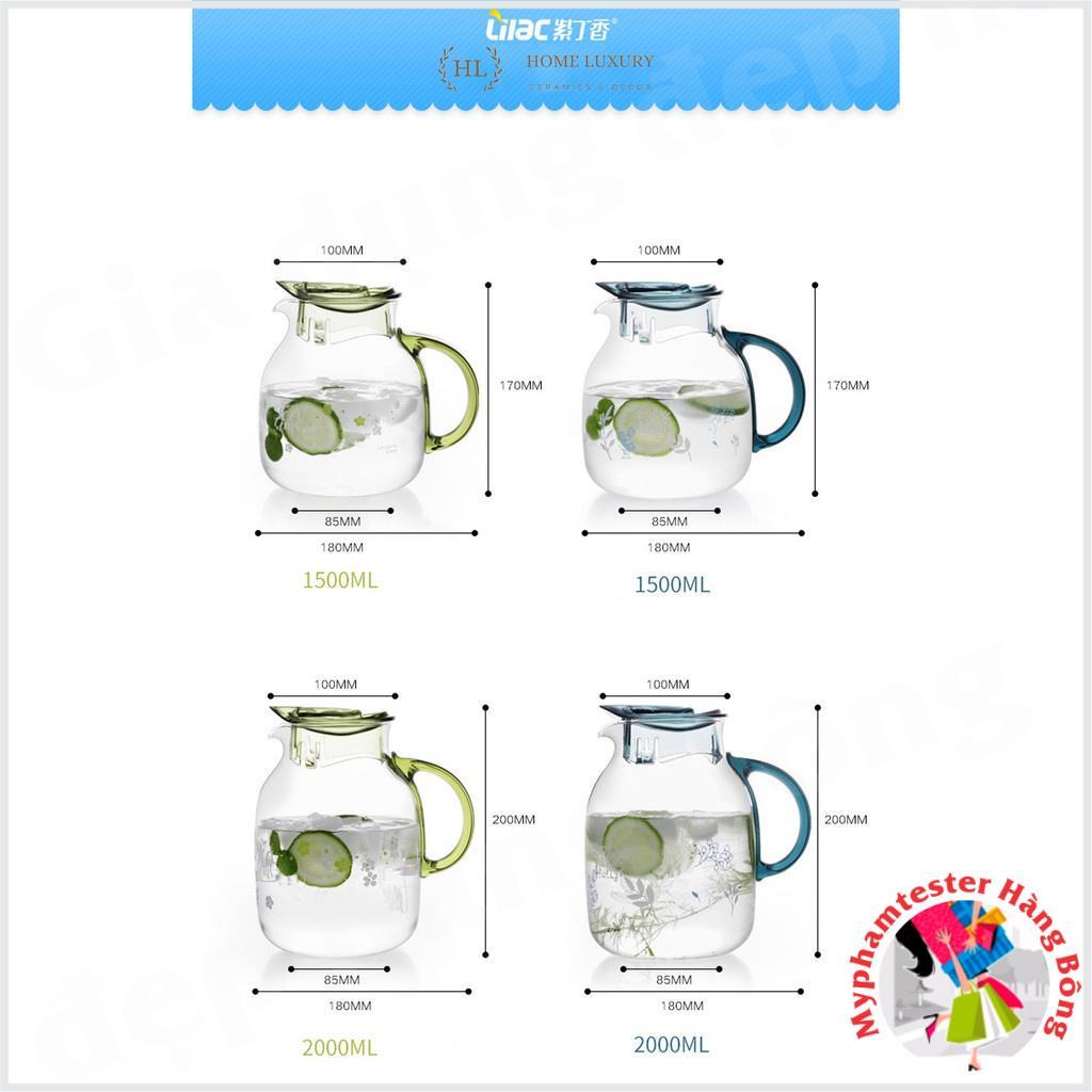 Bình đựng nước thuỷ tinh LiLac 1.5 - 2 Lít - Chịu nhiệt - Hoa Văn cao cấp
