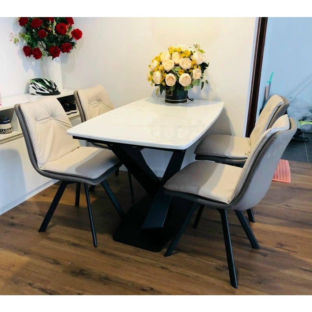 Bộ bàn ăn chân X 1m4 + 4 ghế Eyes mặt đá ceramic Thương hiệu Nội Thất Bình Long
