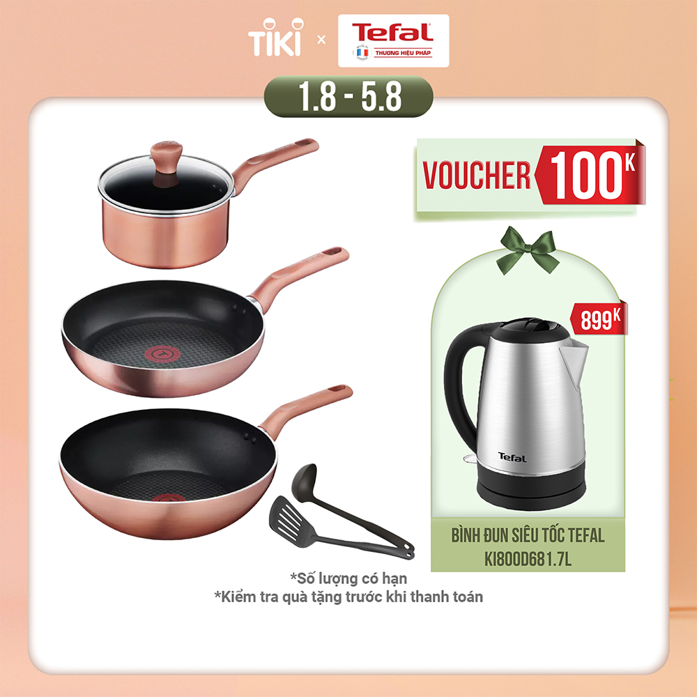 Bộ nồi chảo Tefal Cook & Shine 5 món gồm Chảo chiên 24 cm, Chảo xào 28cm, Quánh 18cm, Sạn và Vá - Hàng chính hãng