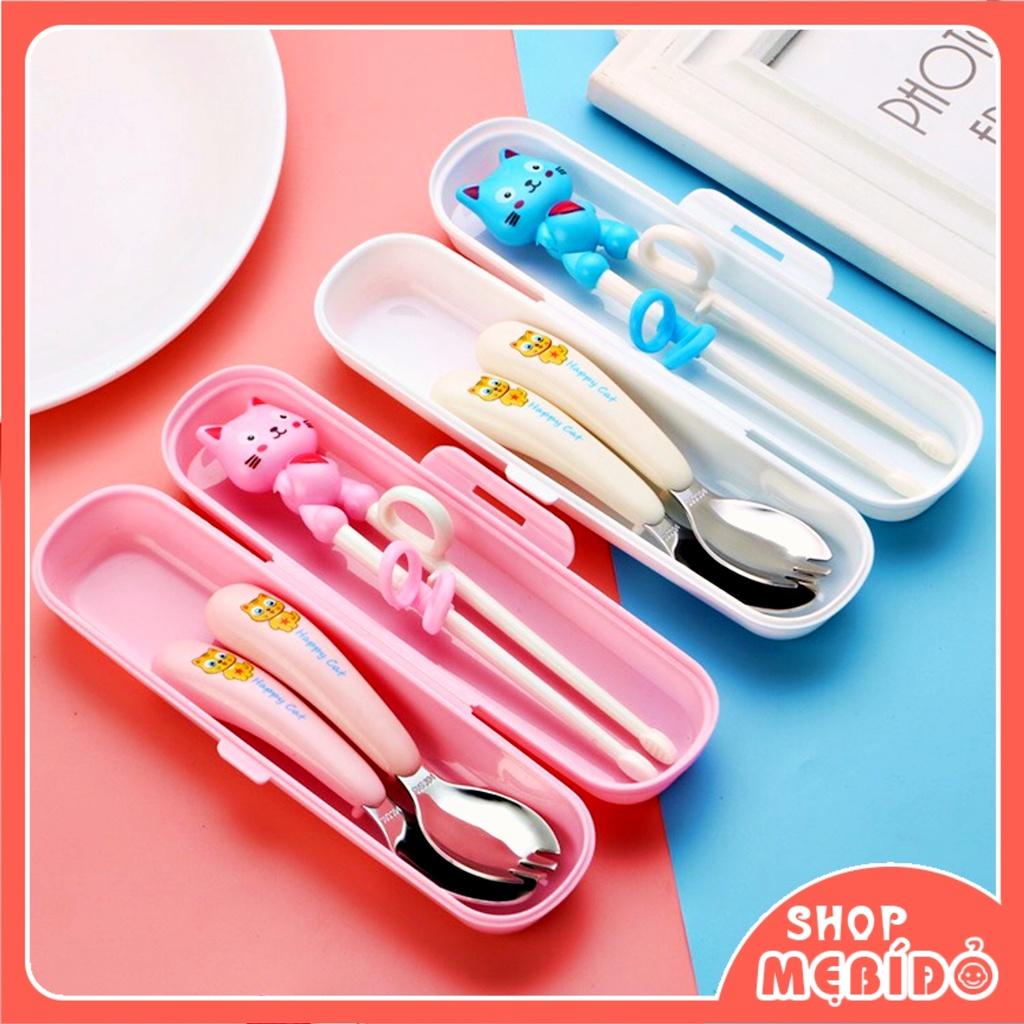 Set Thìa Đĩa Đũa Xỏ Ngón Tập Ăn Cao Cấp Hình Mèo Dễ Thương Cho Bé