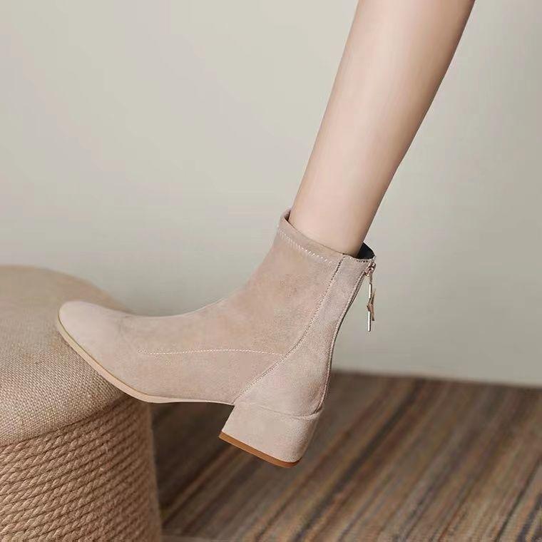 Giày Bốt Martin Mỏng Gót Dày Mũi Tròn Có Dây Kéo Sau Lưng Thời Trang Mới 2022 Cho Nữ