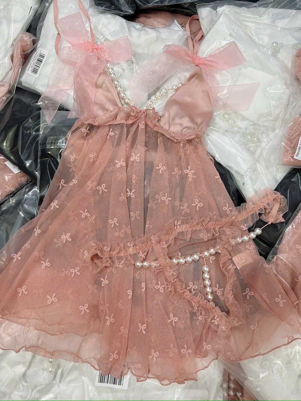 Váy Ngủ D356 Ren Cao Cấp Mẫu Nơ Chuỗi Ngọc Kèm Chip Xinh Xắn