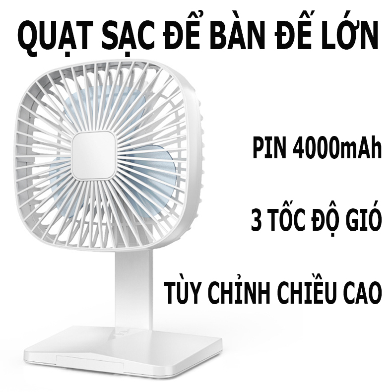 Quạt Mini Để Bàn, Đế Lớn, Điều Chỉnh Xoay Được Nhiều Góc, Pin Sạc Dung Lượng Lớn; Hàng Nhập Khẩu