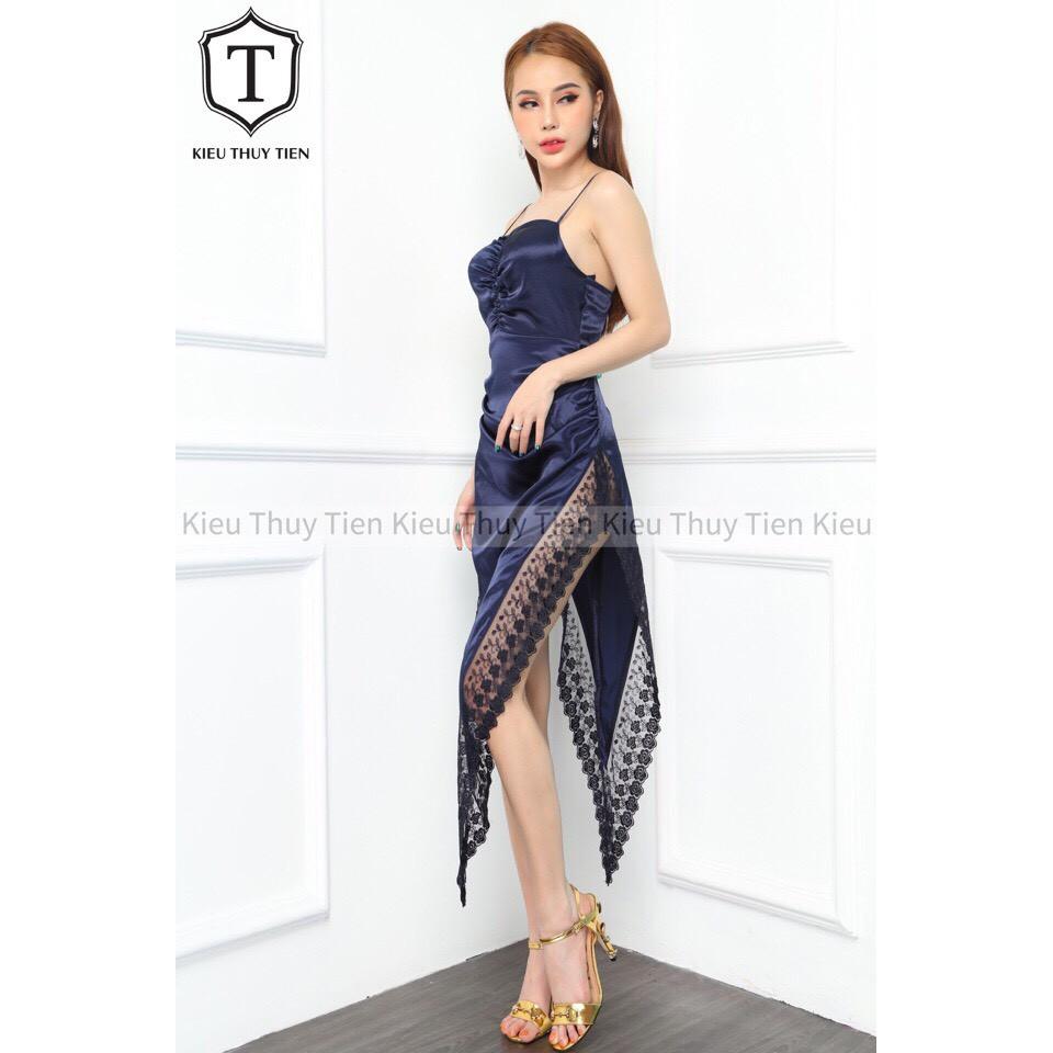 Đầm 2 dây phi lụa xẻ tà phối ren cực sexxy