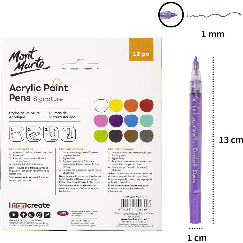 Bộ Bút Sơn Acrylic 1mm 12 Màu - Acrylic Paint Pens Mont Marte - MPN0129 - Vẽ Trên mọi chất liệu