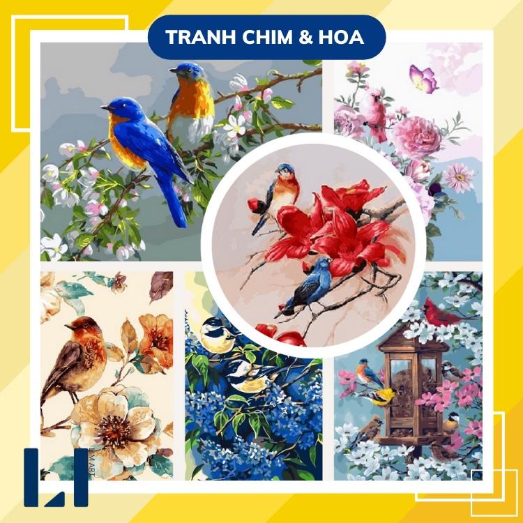 Tranh sơn dầu số hoá có khung - Tranh tô màu theo số chim và hoa