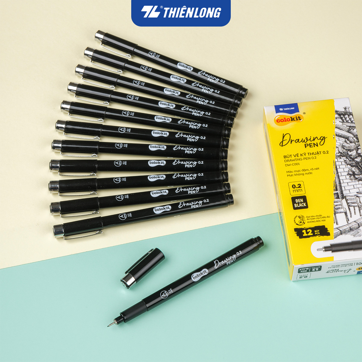 Combo 12 Bút kim kỹ thuật - Drawing Pen Thiên Long Colokit - Mực kháng nước, đậm, rõ nét