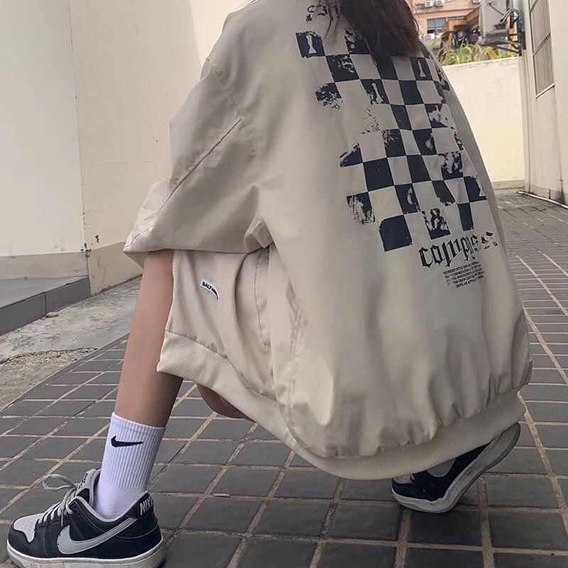 Áo Khoác Bomber Jacket Kaki Nhung Lì Mịn Mền 2 Lớp Print FM Unisex Form Rộng Nam Nữ Phong Cách Hàn Quốc Ulzzang KUN