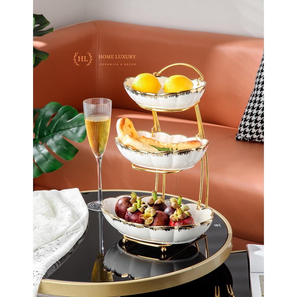 Kệ 2 Tầng, 3 Tầng Sứ Xanh Home Decor phong cách Bắc Âu khung kim loại | ĐĨA 2 3 TẦNG SỨ TRẮNG XANH KÈM KỆ INOX CAO CẤP