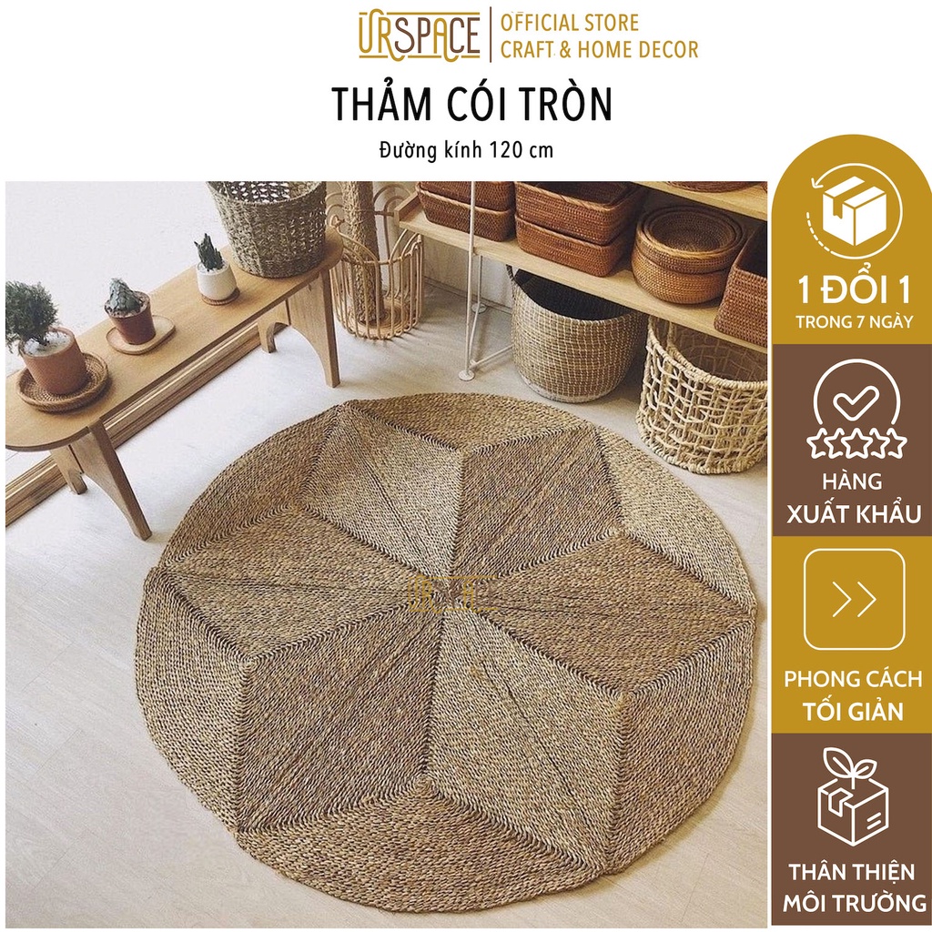Thảm cói trải sàn URSPACE hình tròn trang trí phòng khách đường kính 120 cm