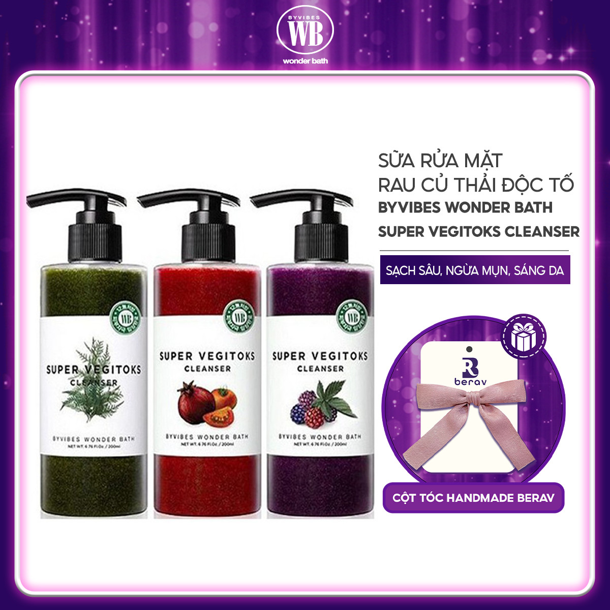 Sữa Rửa Mặt Rau Củ Sủi Bọt Thải Độc 3 in 1 Byvibes Wonder Bath Super Vegitoks Cleanser 300ml - Tặng Kèm Cột Tóc Nơ BERAV Handmade Annie Ribbon Giao Màu Ngẫu Nhiên