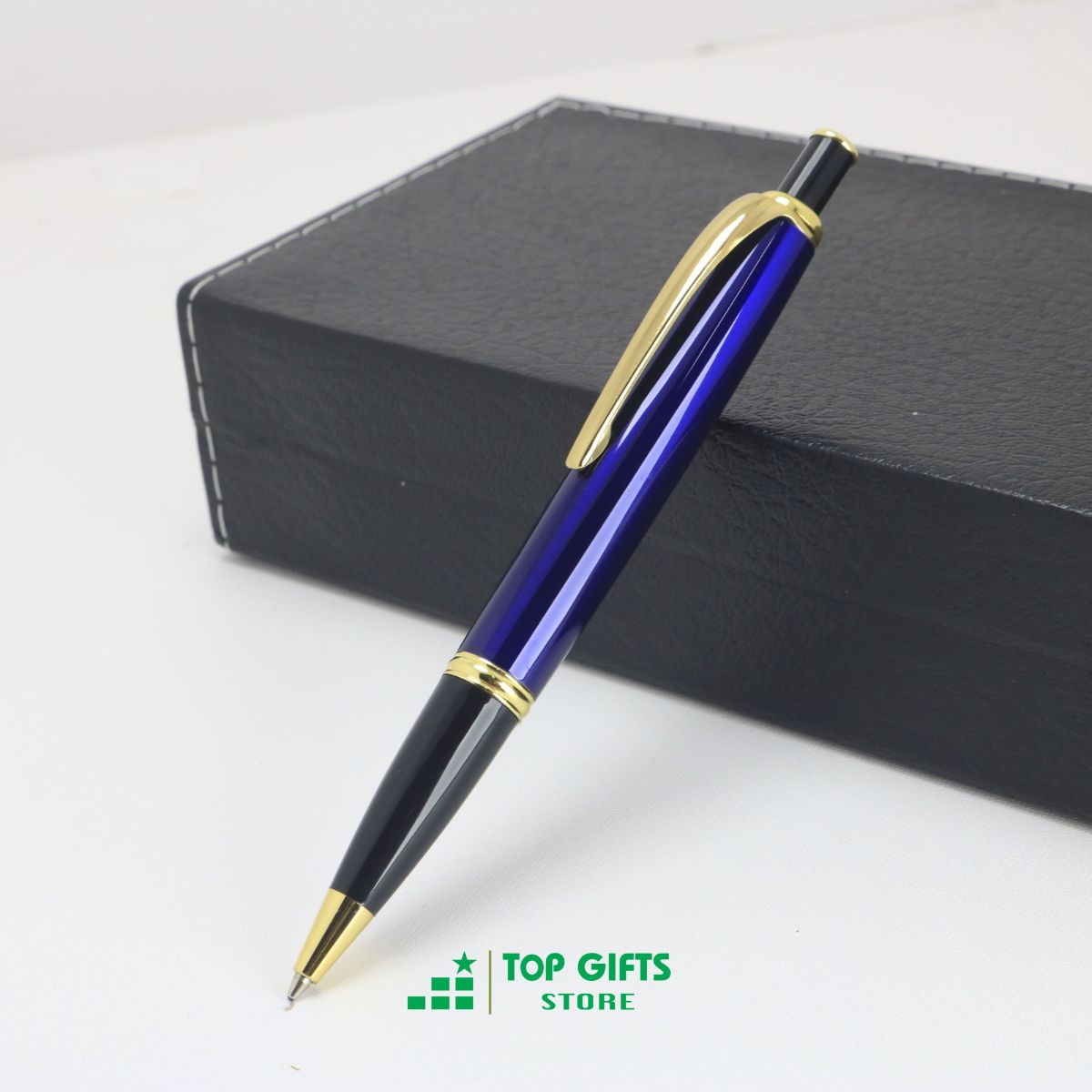 Bút ký bấm xanh dương viền vàng BB001 khắc tên - Ngòi 0.7mm mực xanh + Hộp bút