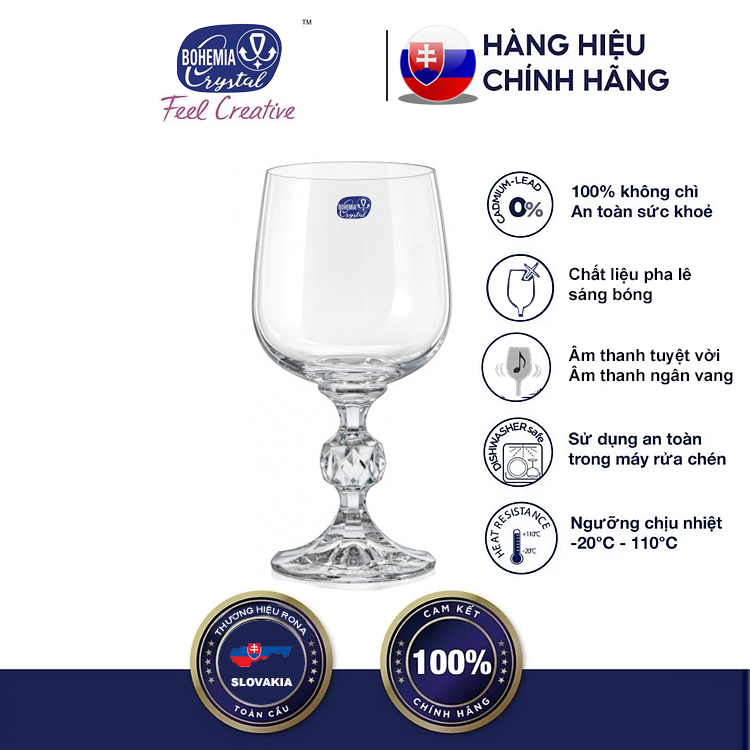 Bộ 6 ly uống rượu vang pha lê Tiệp khắc klaudie 230ml