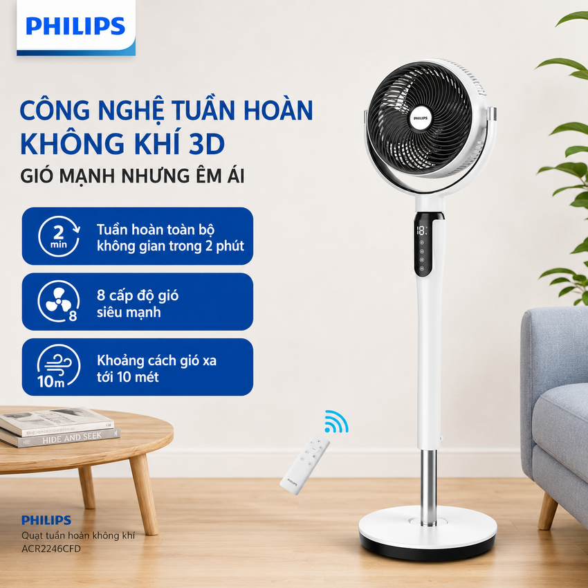 Quạt tuần hoàn không khí 8 cấp độ gió động cơ biến tần DC thương hiệu Hà Lan Philips ACR2246CFD Serial 2000 - Hàng chính hãng