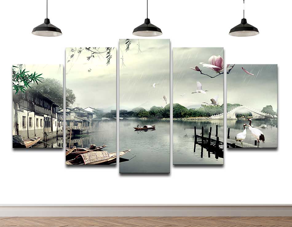 Bộ 5 tranh canvas treo tường phong cảnh dòng sông quê hương - B5T043