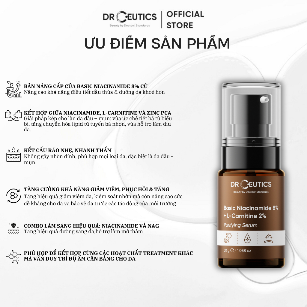 Drceutics Serum Phiên Bản Nâng Cấp Basic Niacinamide 8% + L-Carnitine 2% - Điều Tiết Da Dầu, Chăm Sóc Da Dầu Mụn(30g)