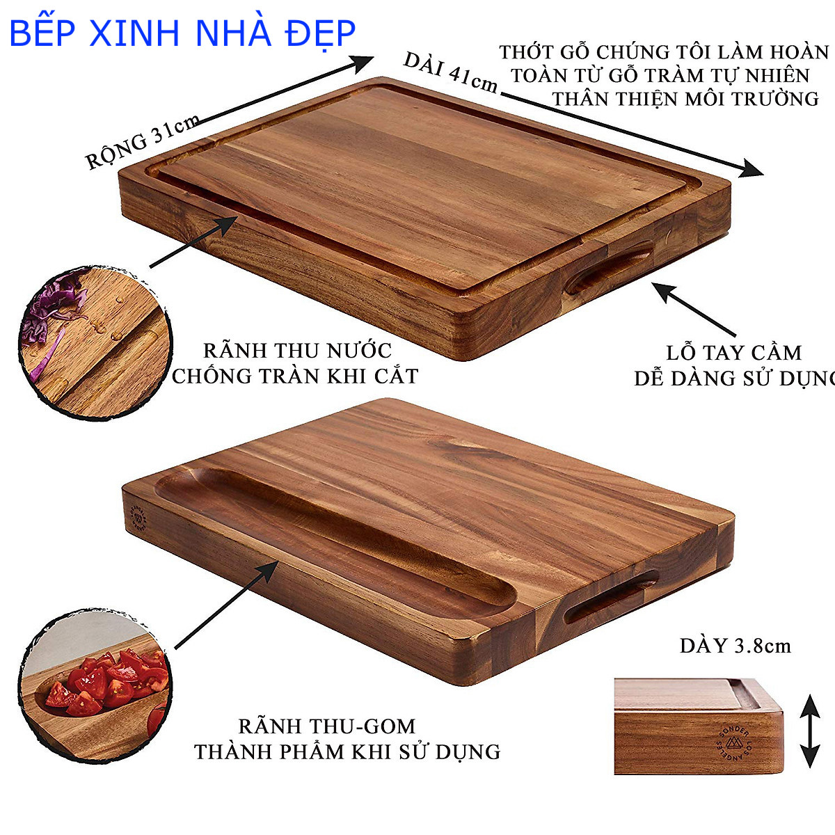 THỚT GỖ TRÀM TO VÀ DÀY, KT 41x31x3.8cm, CÓ RÃNH THU NƯỚC &amp; GOM THÀNH PHẨM VÀ LỖ TAY CẦM 2 BÊN