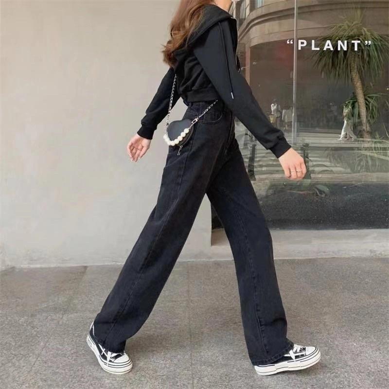 Quần Jeans Màu Đen Khói Nam Nữ Unisex Ống Suông Cạp Cao Chất Loại 1 Phong Cách Ulzzang Mặc Hàng Ngày Đi Học Đi Làm