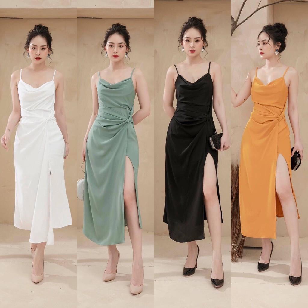 Đầm thiết kế 2 dây xoắn eo lệch tà chất cực xịn nhiều màu