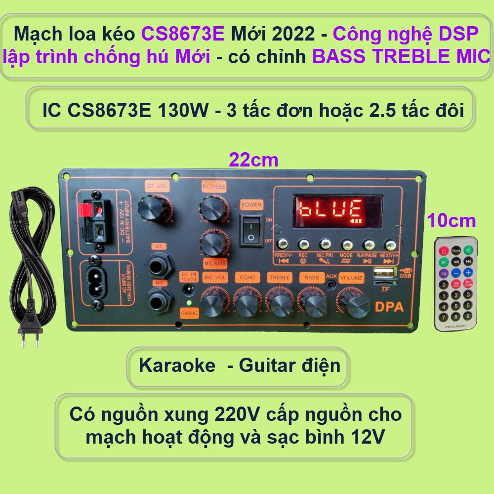 Mạch loa kéo CS8673E 130W DSP lập trình chống hú có chỉnh Bass Treble Micro